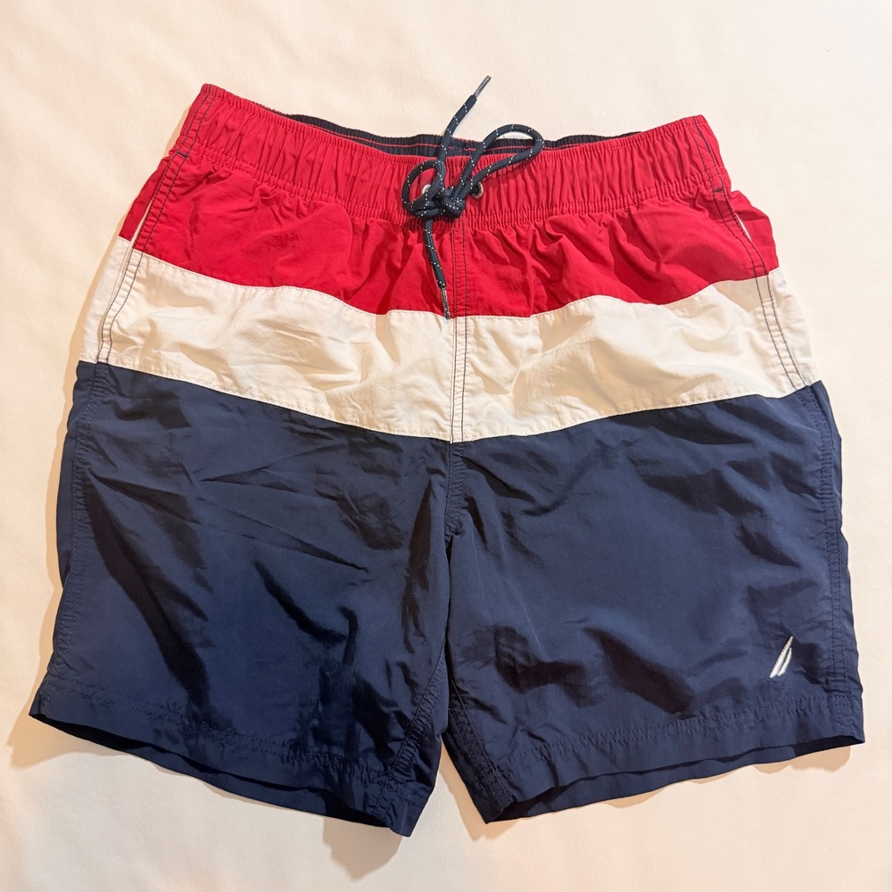 Nautica Swim Trunks Mens Small Red White Navy Blue Colorblock T94000